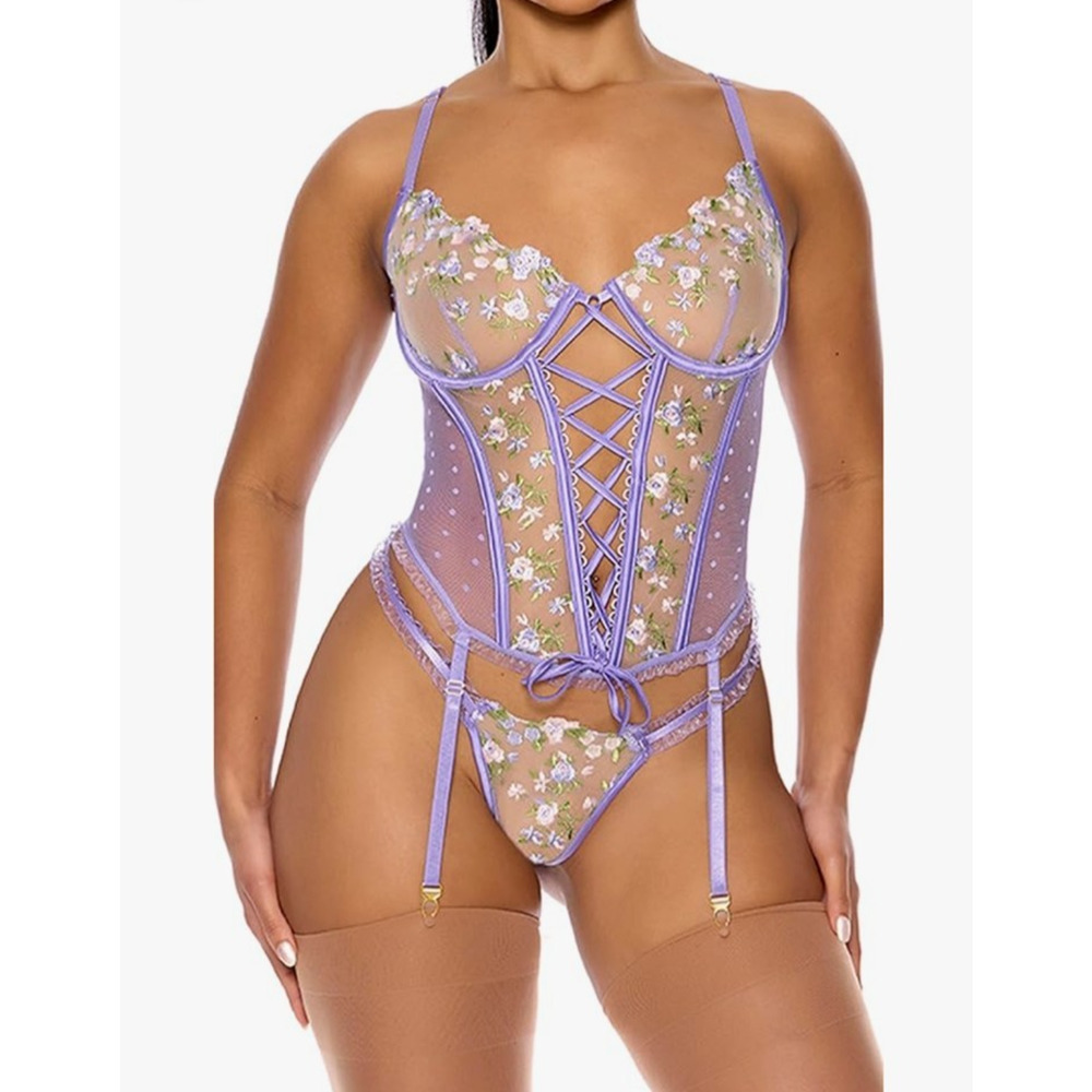 Forplay Fairycore Rave Lace Up Corset L Sheer Mesh Lace Garter NWT Purple Top